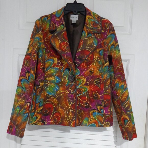 Chicos Brown Women's‎ Floral Peacock Metallic Lined Blazer Jacket Sz 0 Small EUC - Picture 1 of 7